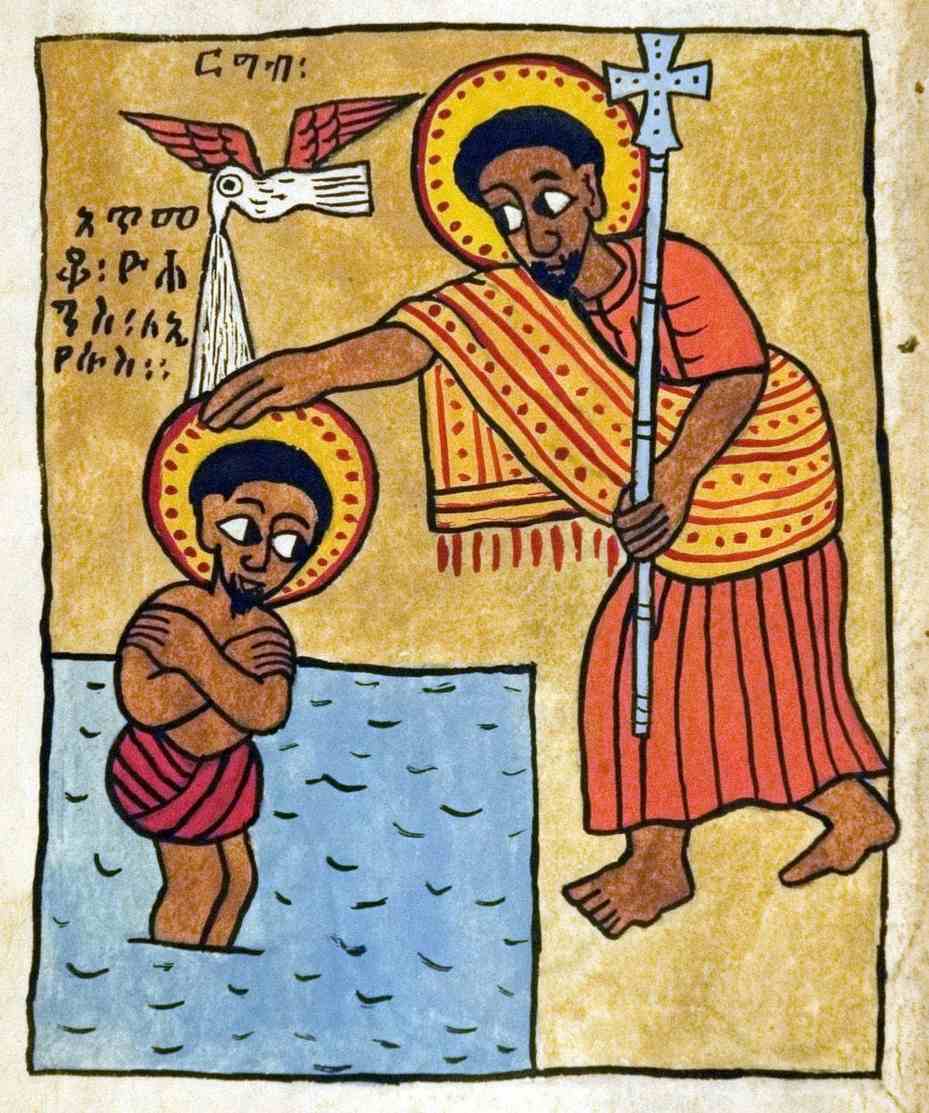 African Jesus and John the Baptist on the African continent as seen in a 20th century Ethiopian Psalter.