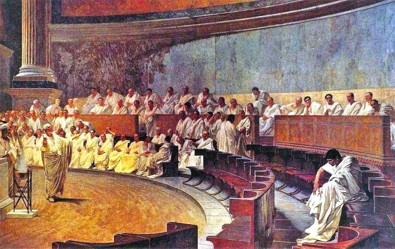 Cesare Maccari (1840-1919 CE) painted this fresco showing Cicero's denunciation of Catiline as a conspirator before the Roman senate. Cicero lived from 106-43 BCE. (Rome's Palazzo Madama)