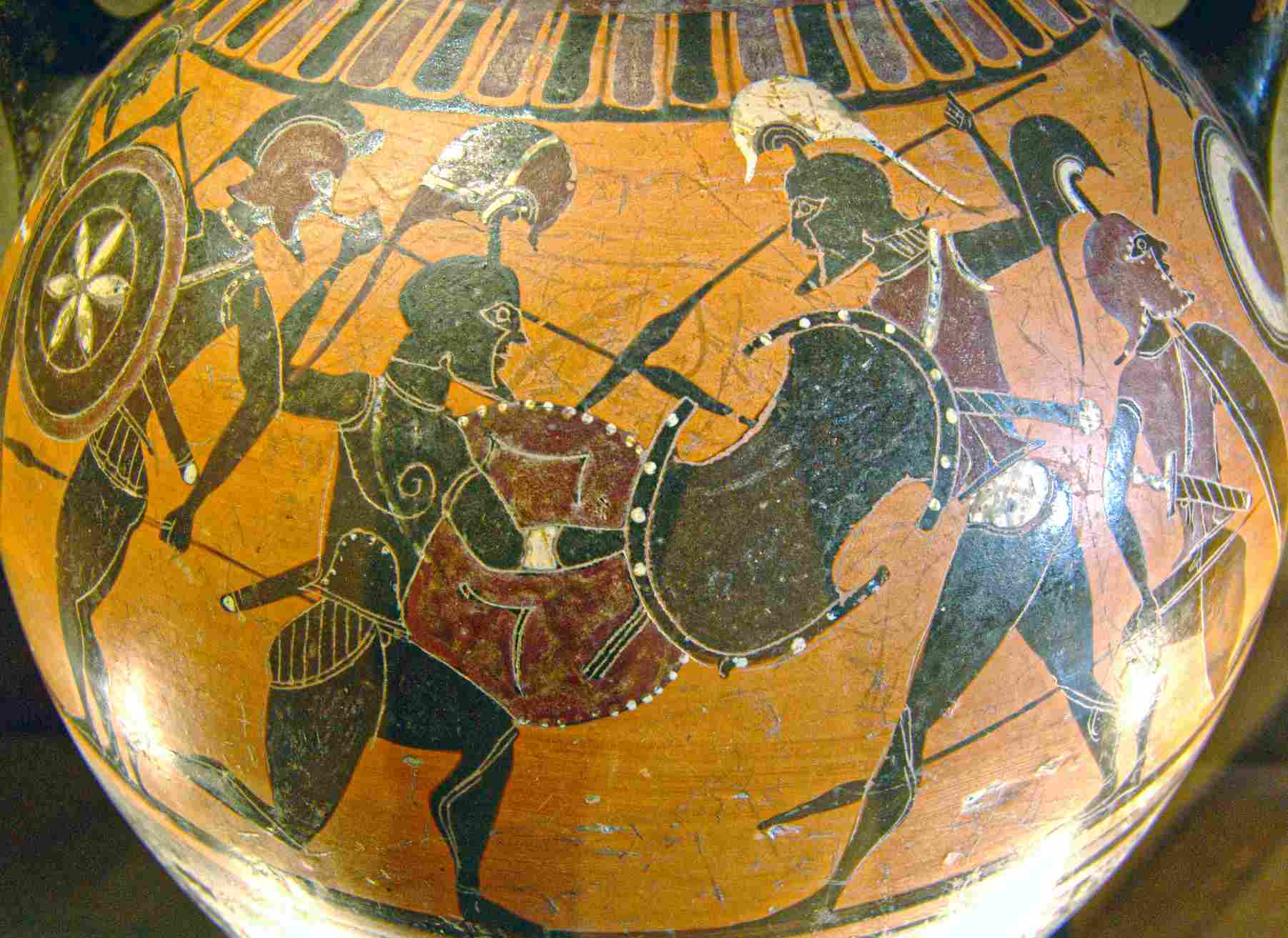 Detail of black-figure amphora from the 6th century BC features aspis shields such as the boeotian (the black one).