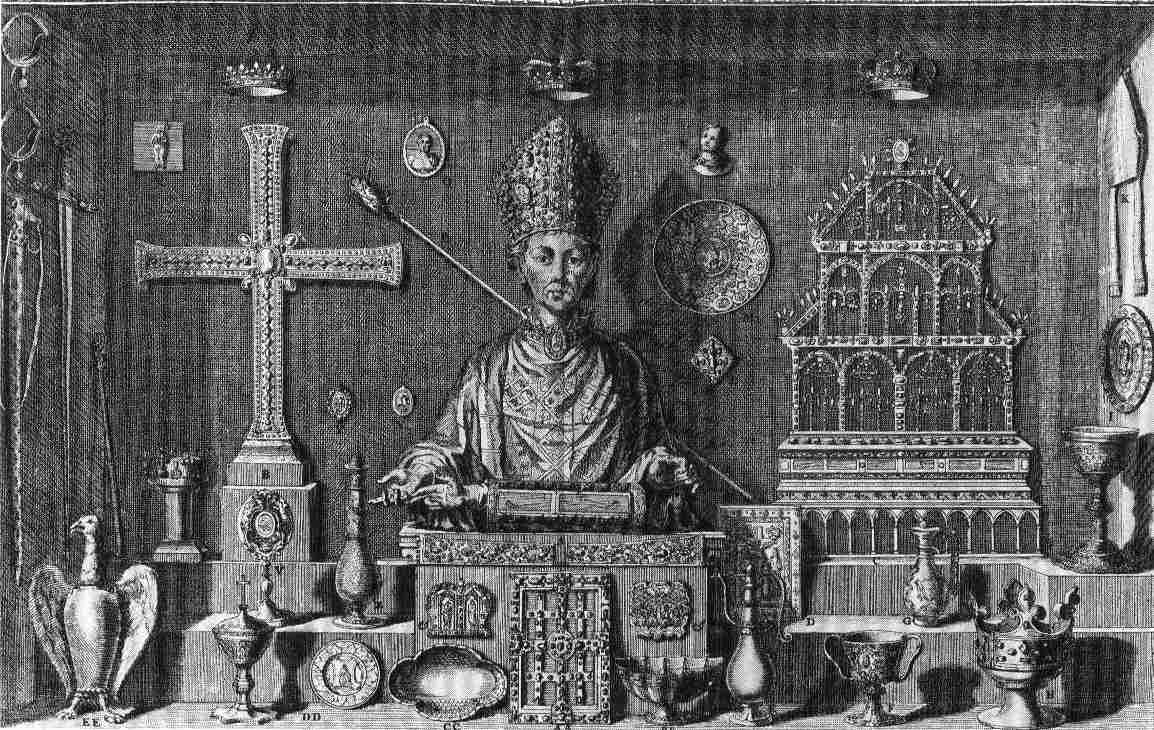 Michel Félibien's 1706 engraving of one of the Saint-Denis treasure boxes, with the Crown of Charlemagne at the bottom right and the Sword of Charlemagne on the left wall.