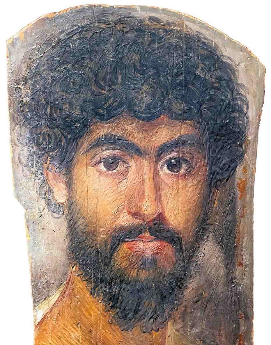 Egyptian mummy portrait of a bearded man from Faiyum, c. 161–180 AD