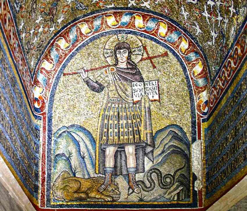 Jesus as a victorious emperor with Byzantine armor and purple cloak from Ravenna 6th century AD.