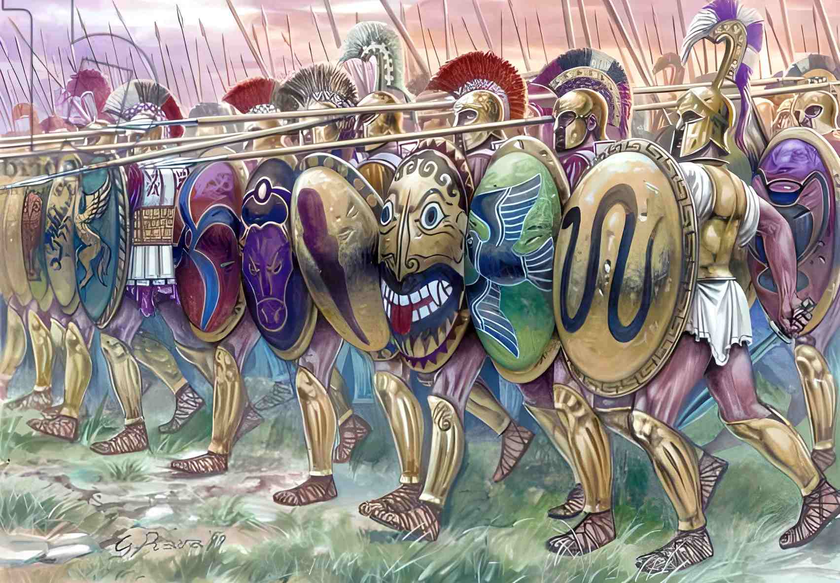 Ancient Greek hoplites charging with their aspis (hoplon) shields. (Image: Giuseppe Rava)