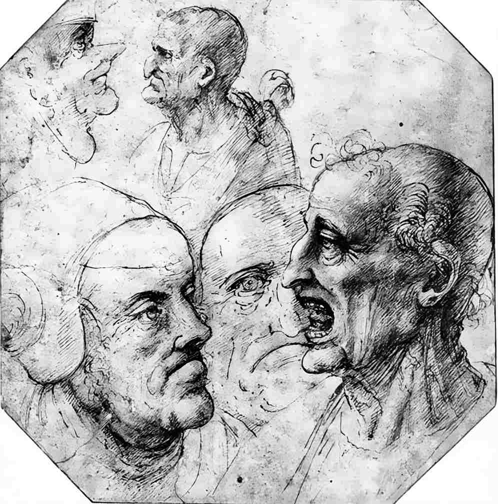 The physiognomic drawings of Leonardo da Vinci on male heads.