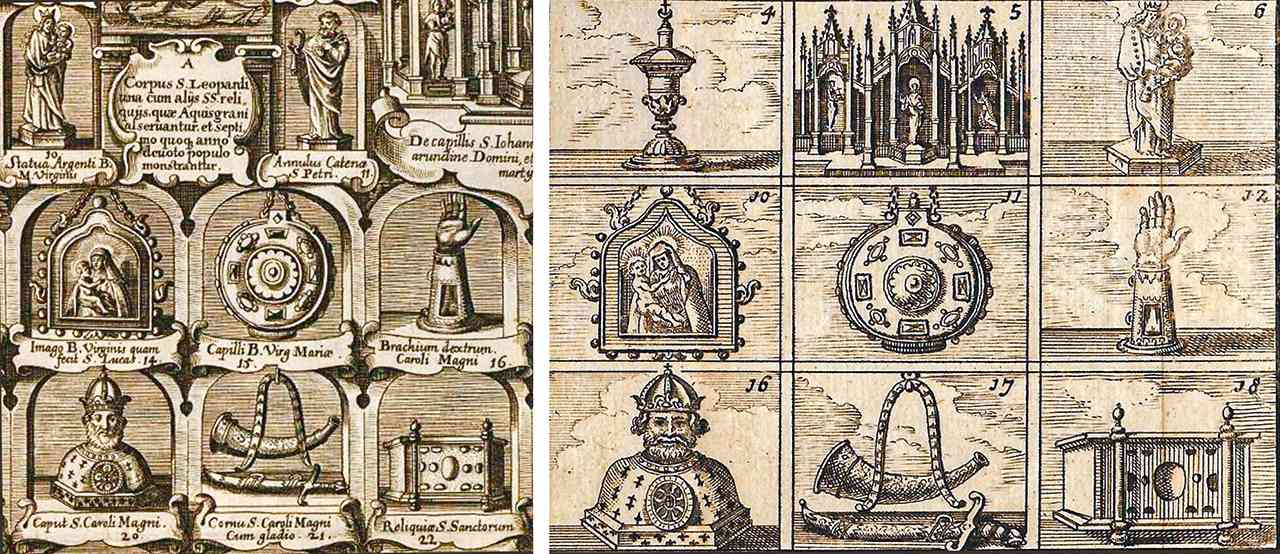 Two engravings, published by Gerhard Altzenbach (left, 1664) and Jacobus Harrewijn (right, 1711), both representing the treasury of Aachen Cathedral.