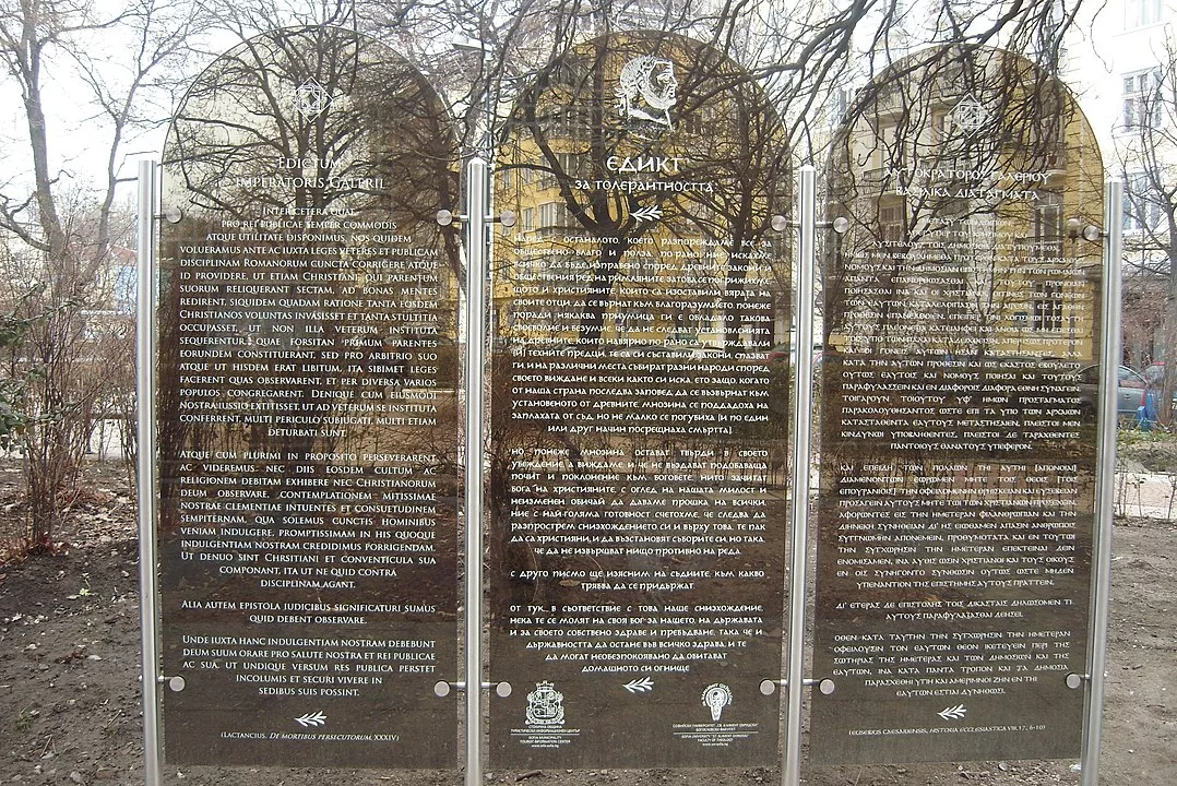 Edict of Serdica: Trilingual (Latin, Bulgarian, Greek) plaque with the Edict in front of the St. Sofia Church, Sofia, Bulgaria.