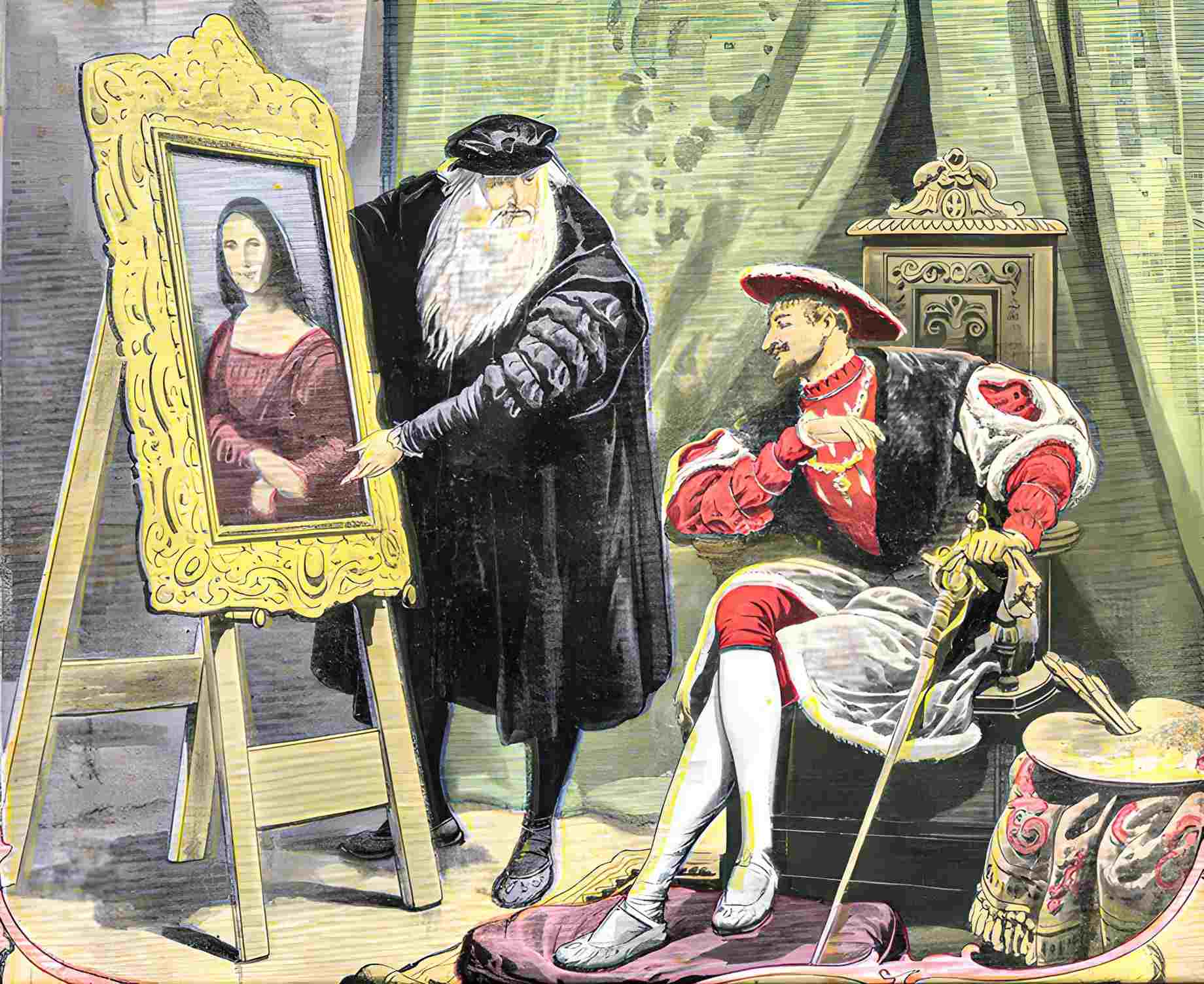 Leonardo da Vinci's Height. On this 1913 engraving, Leonardo da Vinci presents his "Mona Lisa" to Francis I. The king wants to buy it from the artist.