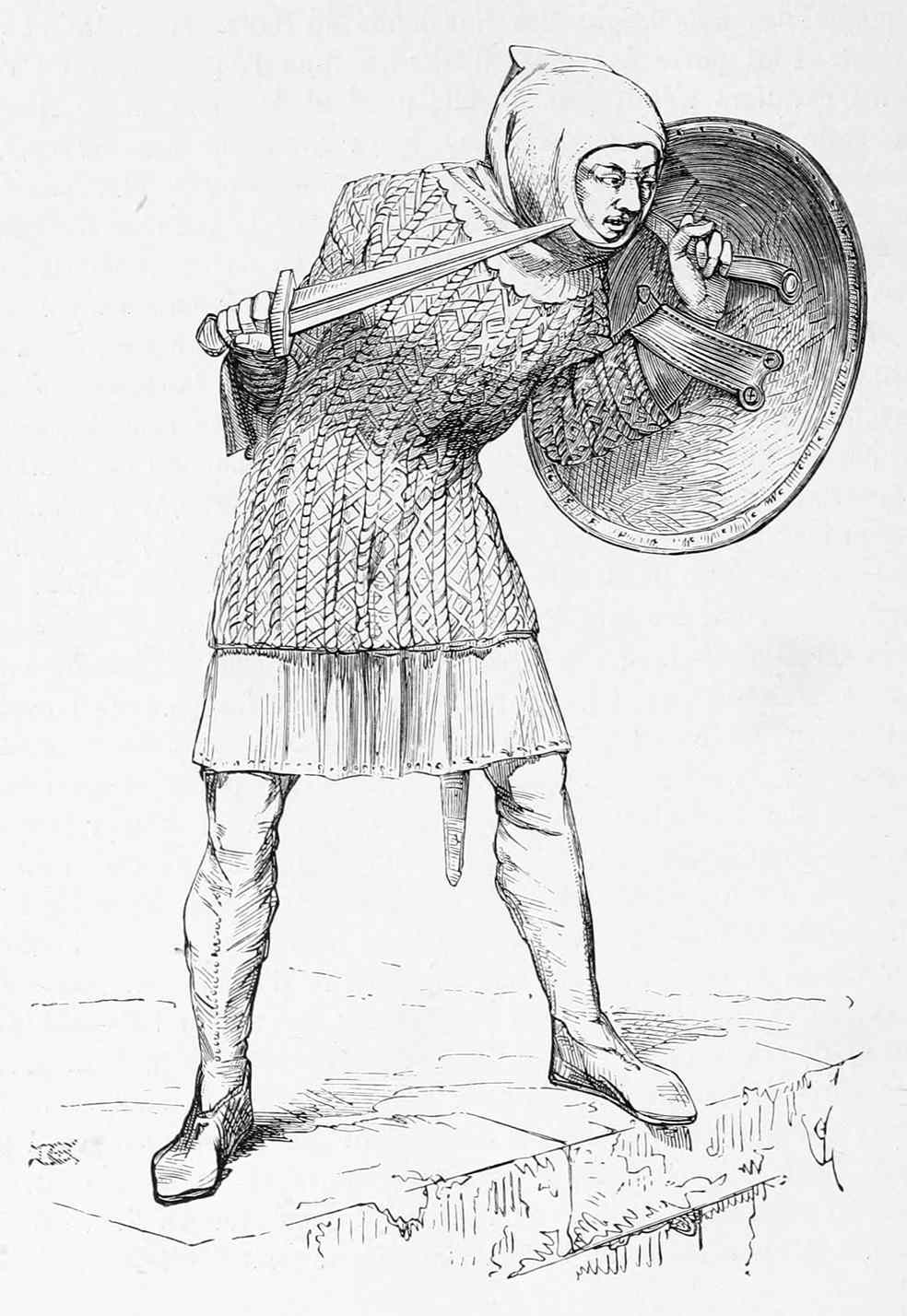 A Medieval infantryman with rondache in a drawing by Eugène Viollet-le-Duc.