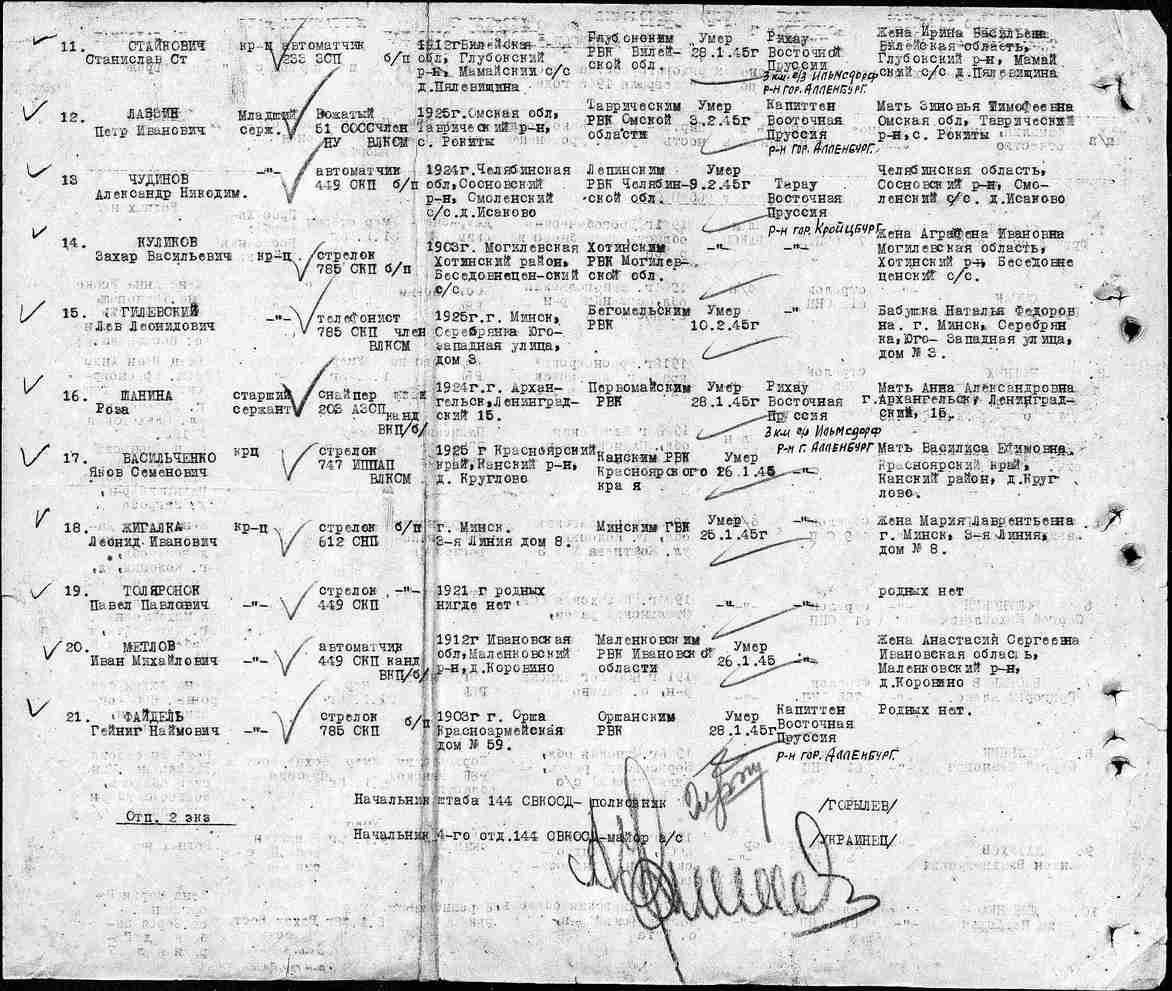 A page from the 144th Infantry Division's inventory of irretrievable fatalities from January 25 to February 10, 1945 (Rosa Shanina No. 16).