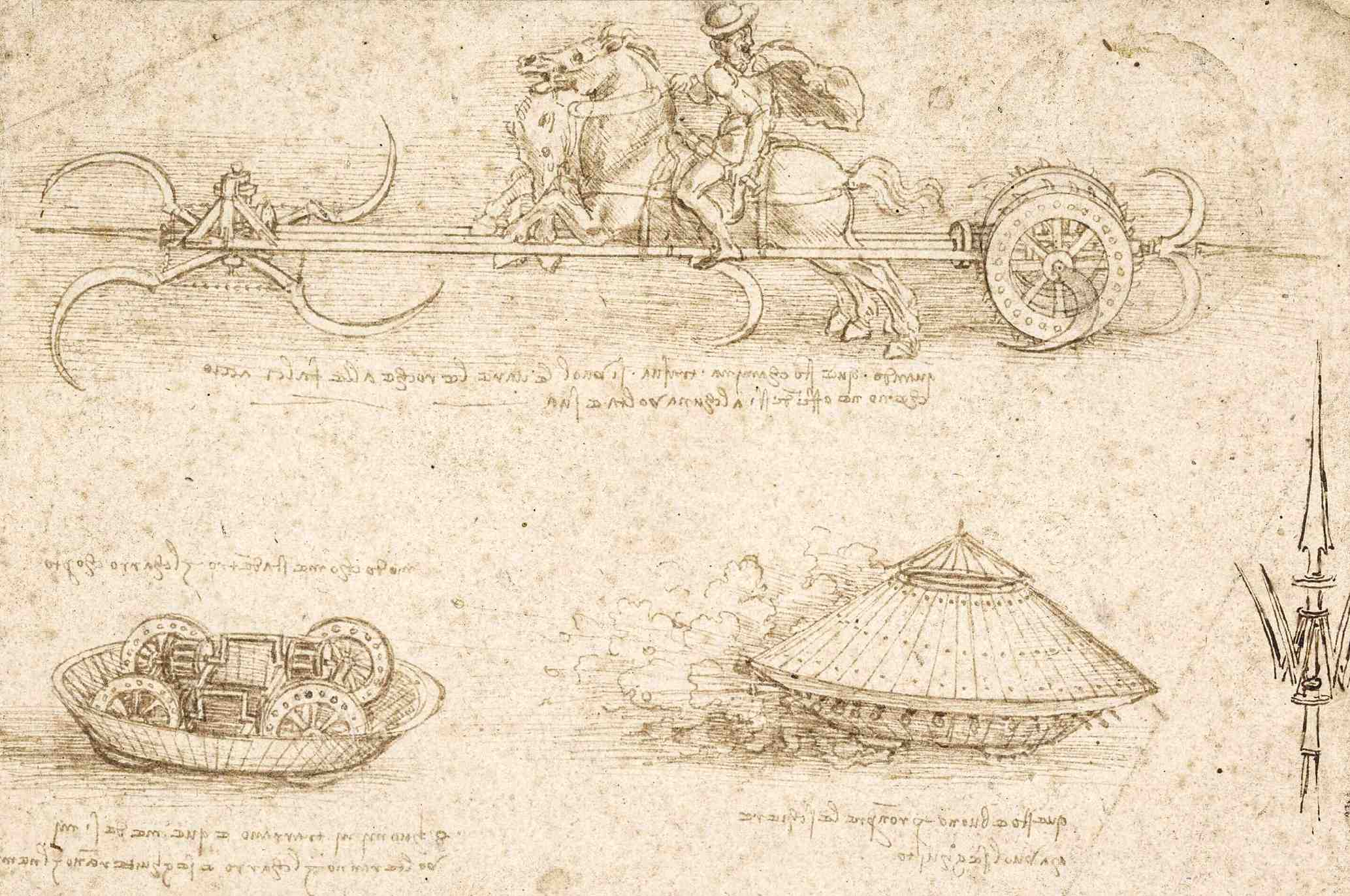 War machine sketches by Leonardo, including his scythed chariot and his 'armored car,' a.k.a., the da Vinci Tank, circa 1485.