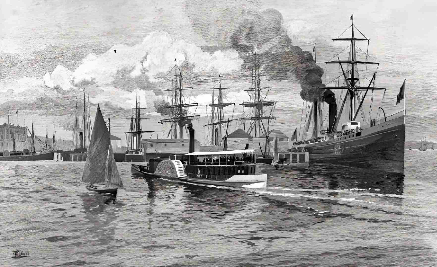 Mariposa leaves Auckland Harbor, New Zealand, 1880s.