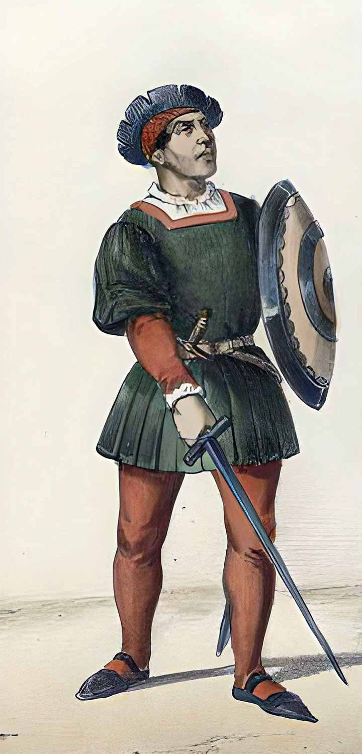 Infantryman of the Spanish army with a rondache shield and short sword, c. 1500s.