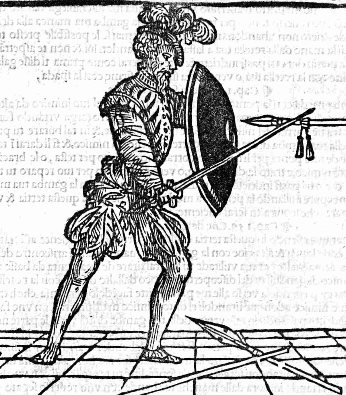 The 1536 fencing manual "Opera Nova" includes a depiction of rondache and a sword against spears.