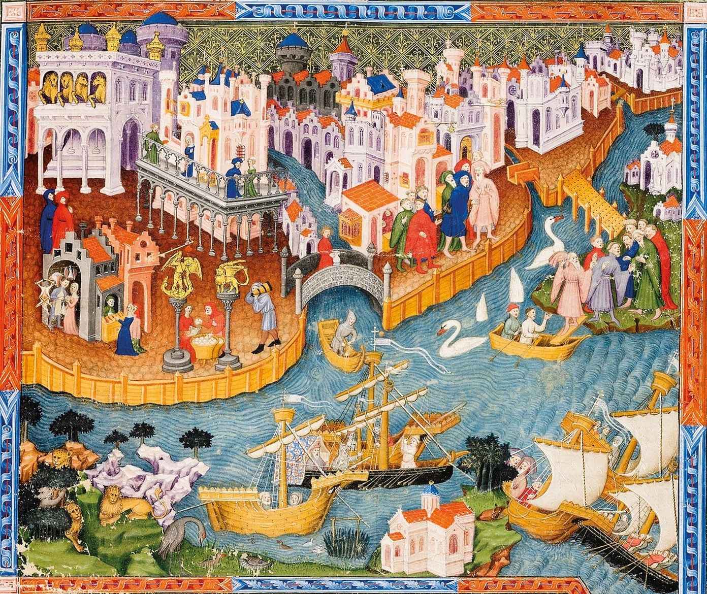 This 15th-century illustration from the Bodleian edition of The Unveiling of the World, preserved in Oxford, England, shows Polo leaving Venice. The Basilica of San Marco with its four bronze horses (left) and the Doge's Palace on the right.