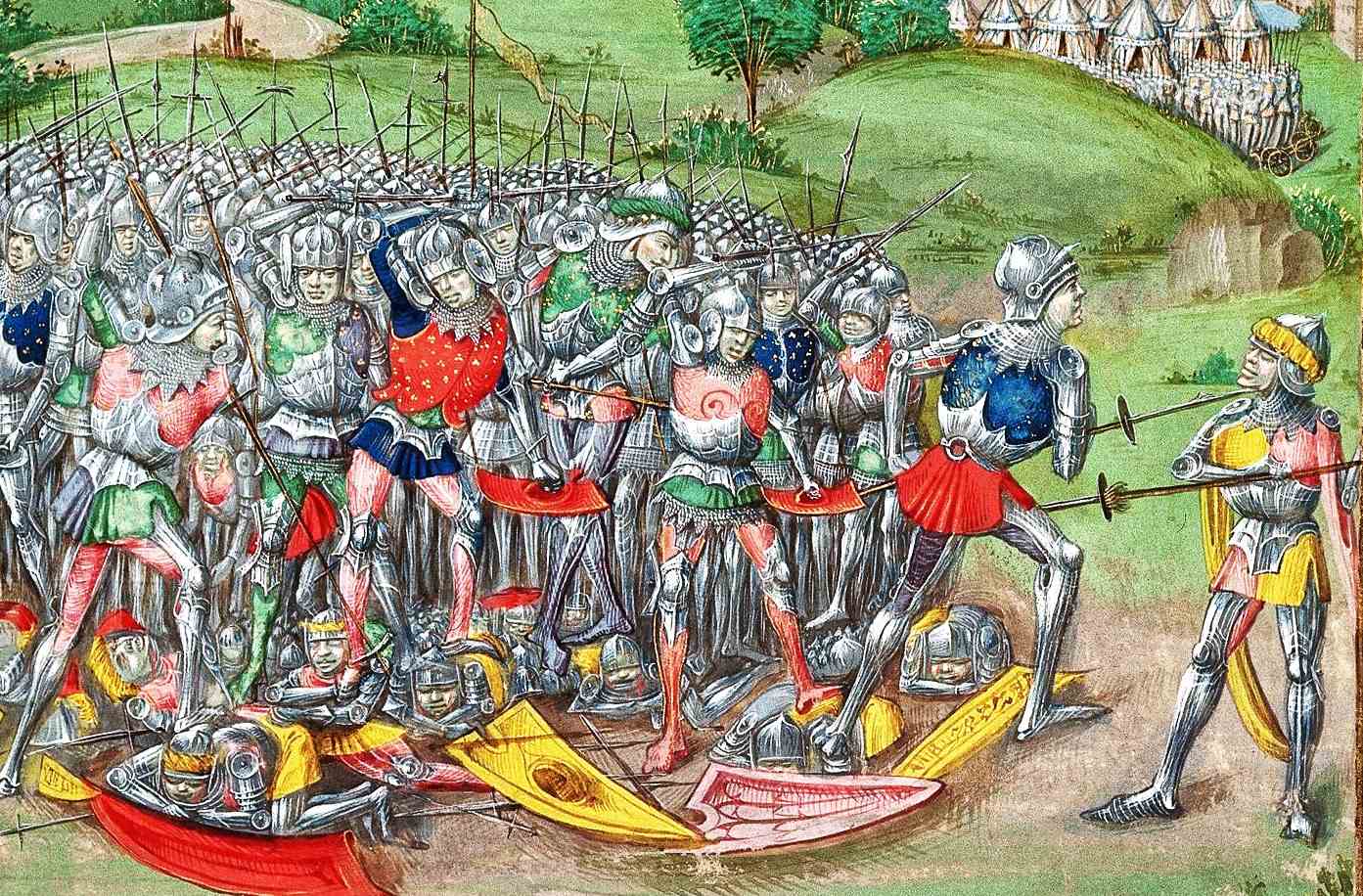 Footmen with what appears to be voulges and bec de corbins. The Death of Hengist, miniature by the Master of Wavrin of London from the Chronicle of England, around 1475.