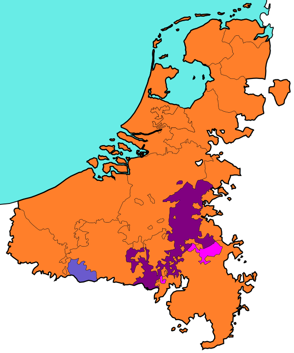 In orange, the Spanish Netherlands before its split. In violet, the Principality of Liège. In pink, the princely Abbey of Stavelot-Malmedy.