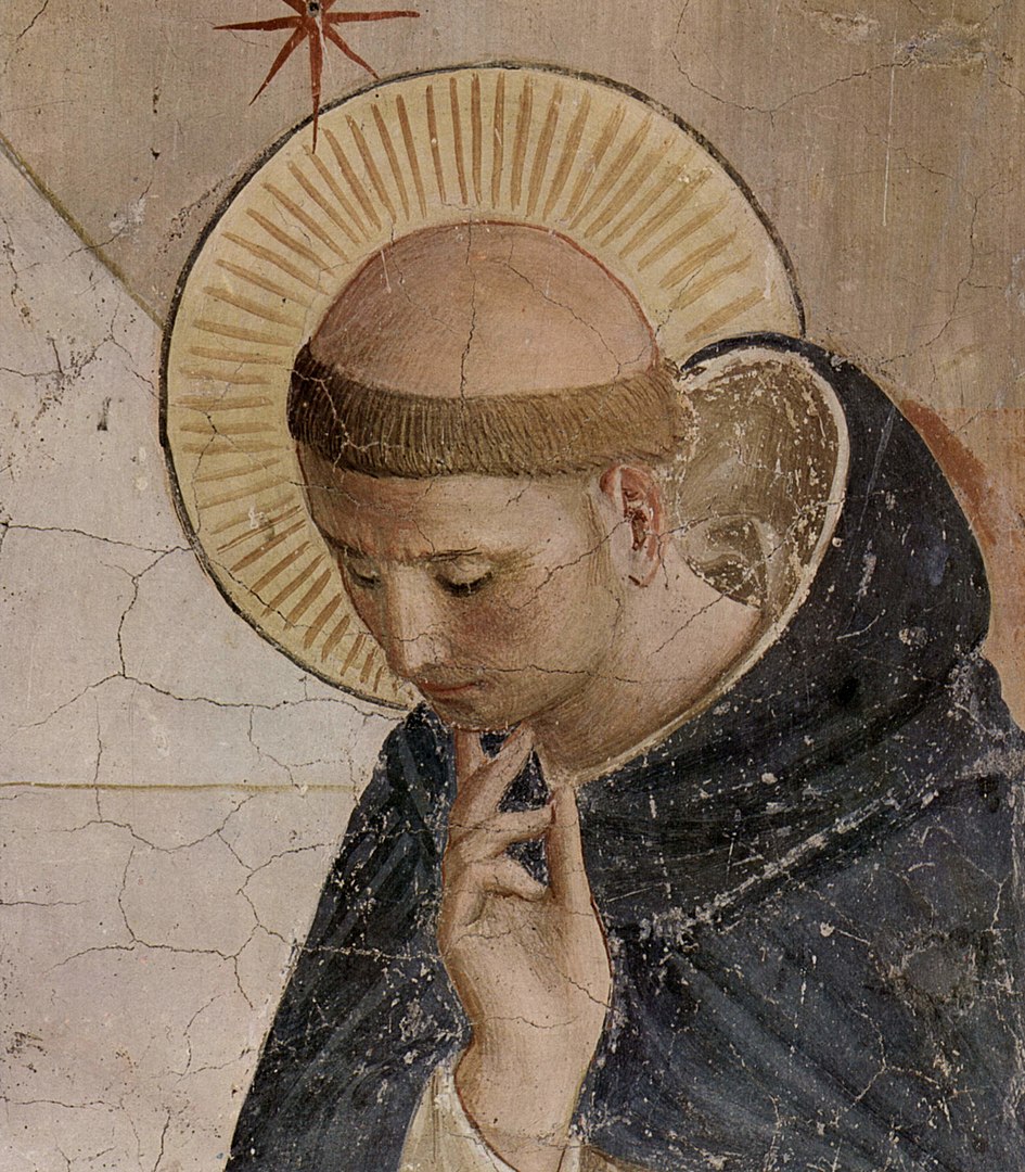 Saint Dominic, detail of Christ in the Outrages, a fresco by Fra Angelico in the Convent of San Marco.