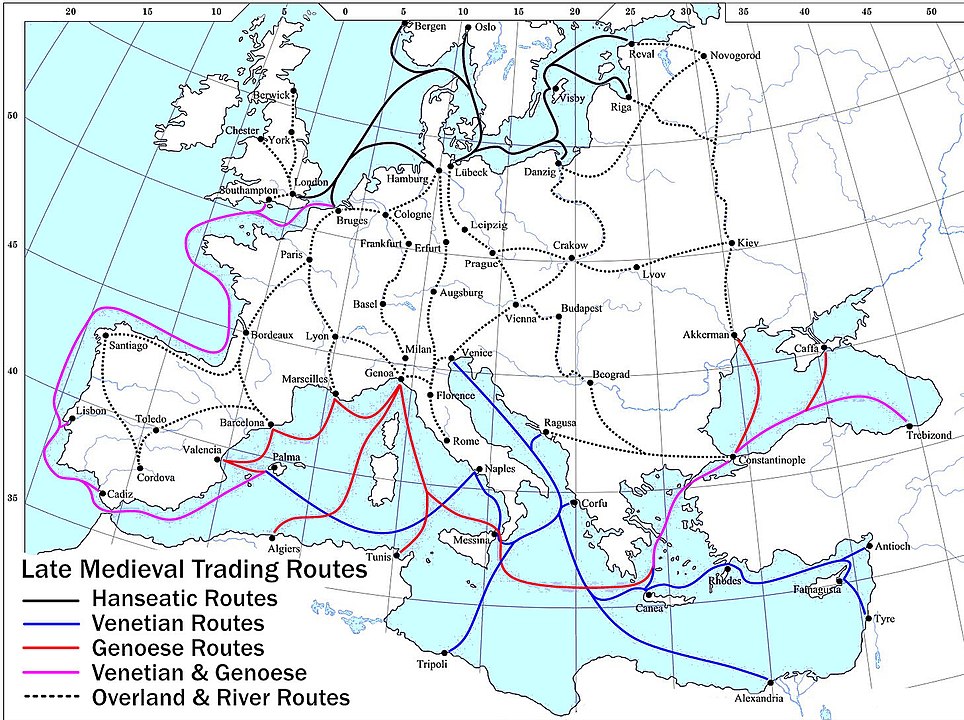 Map showing the main trade routes of late medieval Europe.