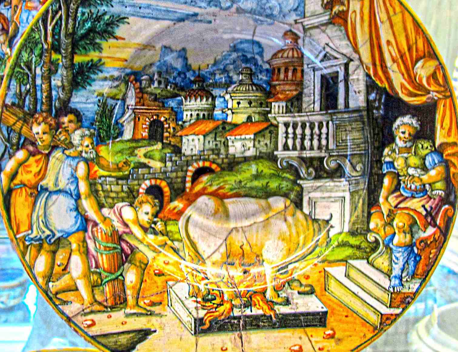 A c. 1550 plate depicts the Brazen Bull scene.