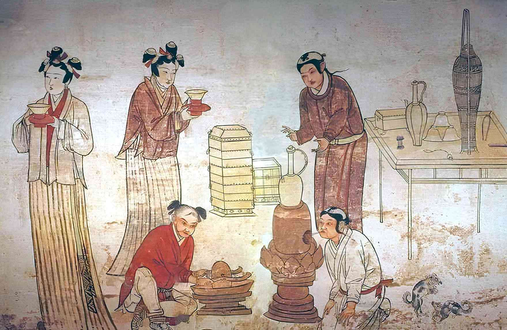 A group of Khitan women, just like Juerbiesu, with their distinctive hairstyles. Liao Dynasty (907-1125) tomb mural by unknown painter.