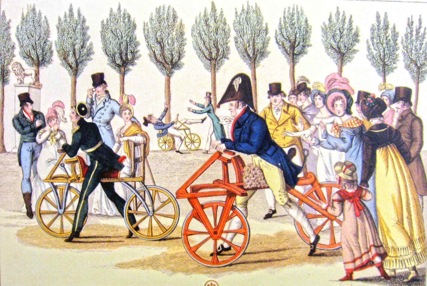 A velocipede race in the Luxembourg Gardens with draisine, 1818.