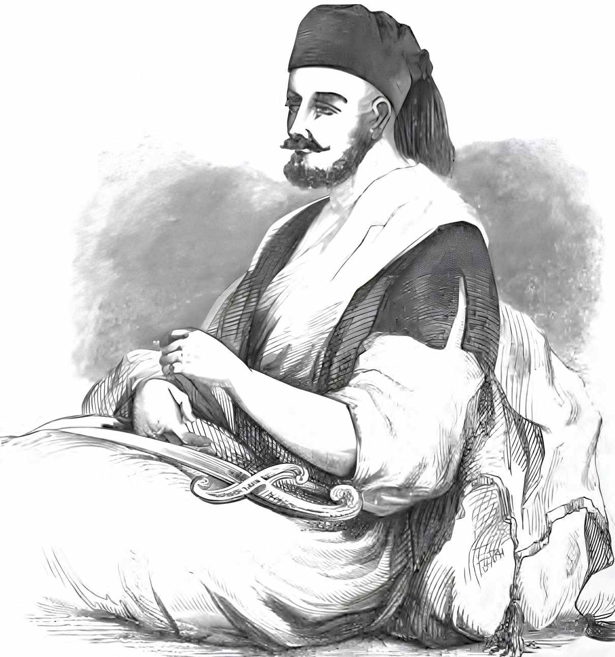 Aqil Agha with his yatagan. A sketch in 1848 by William Francis Lynch.