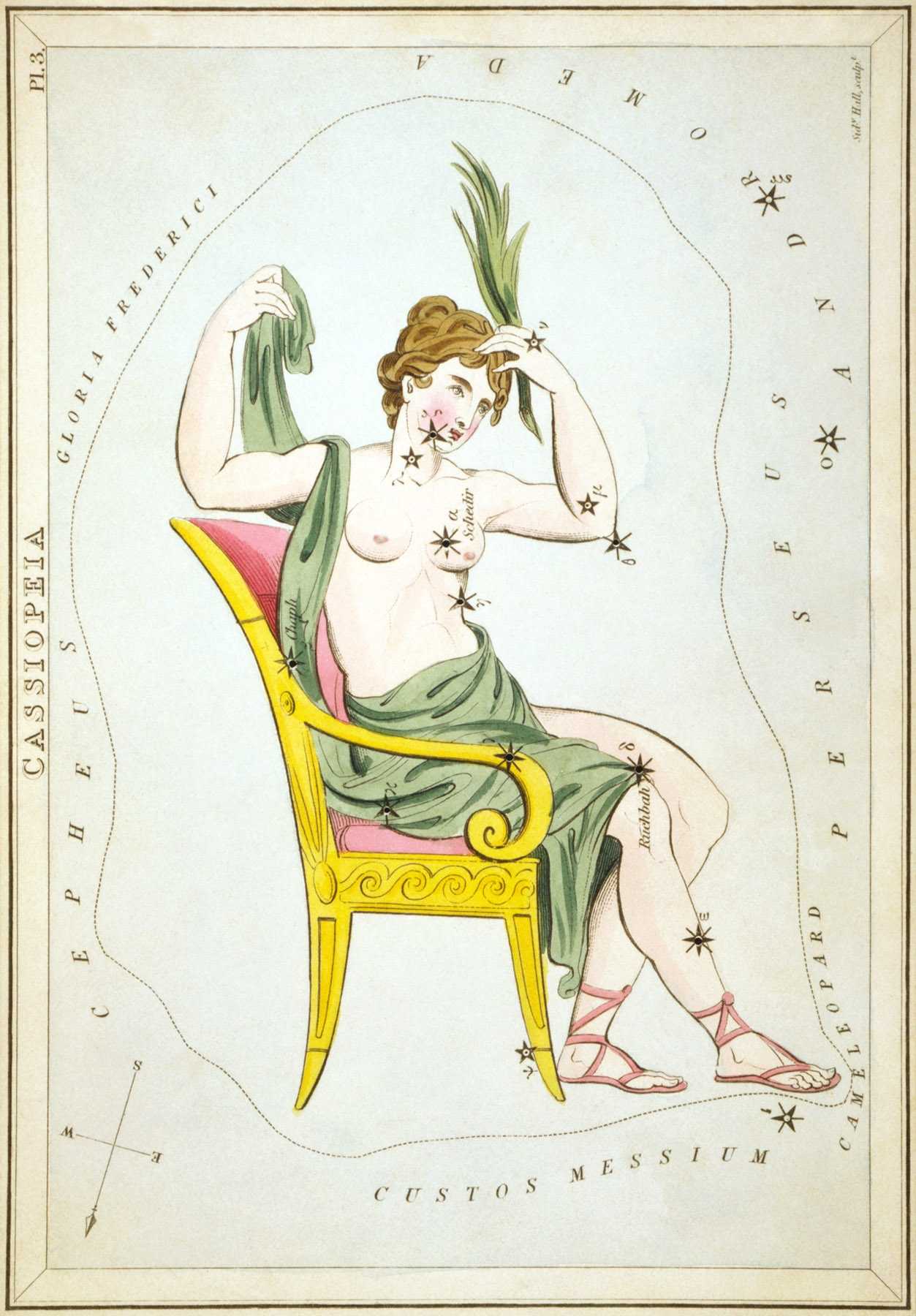 (1831) astronomical chart illustration of the Cassiopeia constellation.