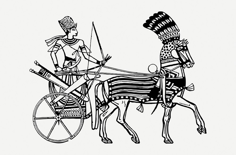 A drawing based on the original painting of Tutankhamun on a war chariot with spoked vehicles.