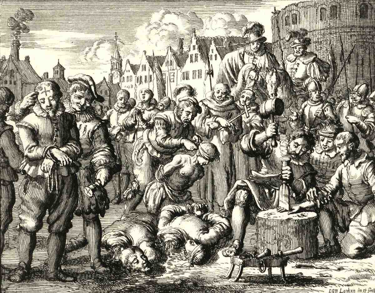 350 people were put to death in Alzey (Germany) in 1529. Image from Martyrs Mirror (p. 30), engraved by Jan Luyken.