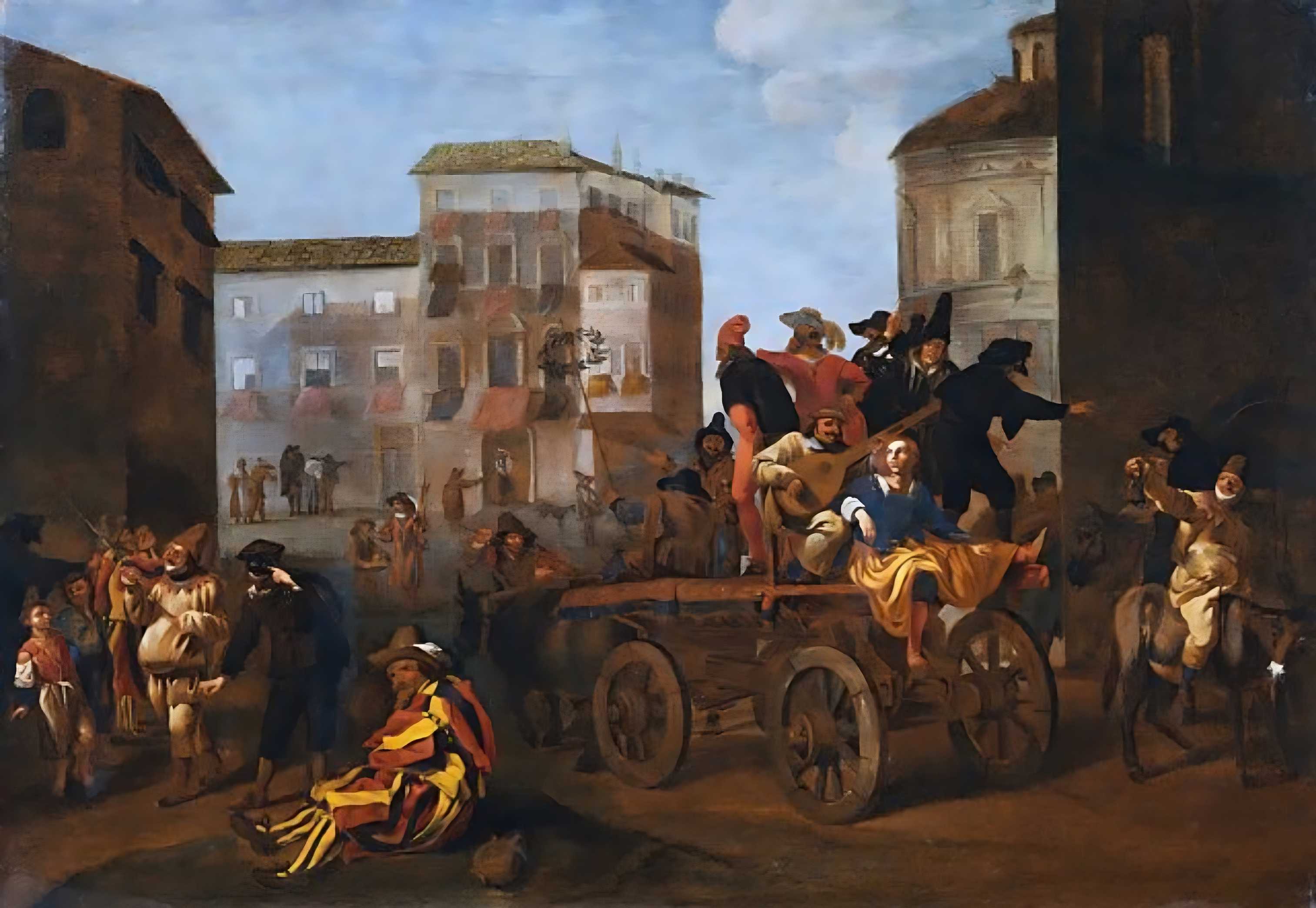 Commedia dell'arte Troupe on a Wagon in a Town Square by Jan Miel (1640)