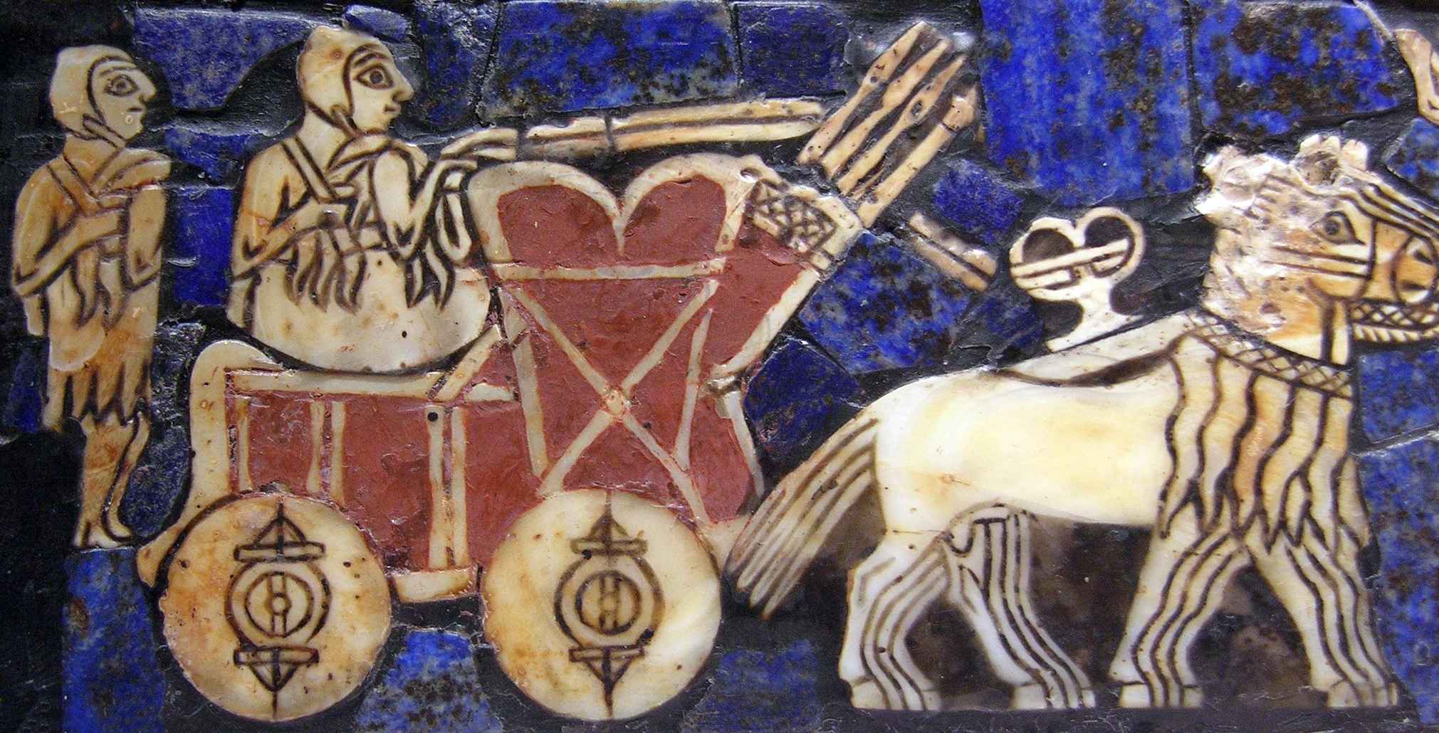 On the Sumerian Standard of Ur (c. 2,500 BC), a cart with Mesopotamian disk wheels is depicted.