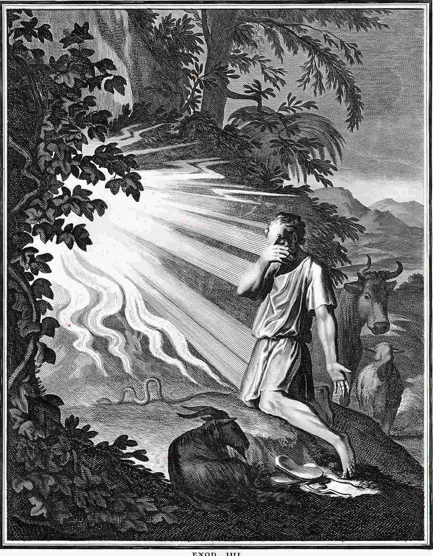 Moses and the Burning Bush, etching by Jan Luyken (1649--1712).