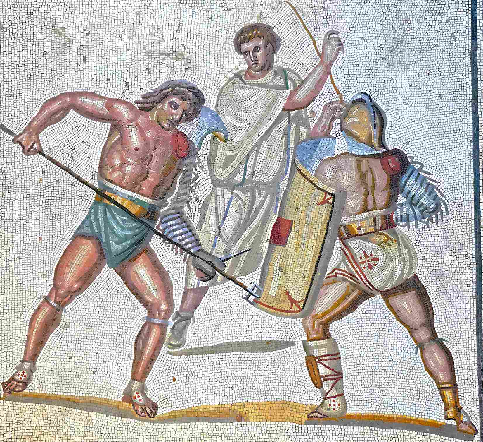 A retiarius stabs at a secutor with his trident. A mosaic from the villa at Nennig, circa. 2nd–3rd century AD.