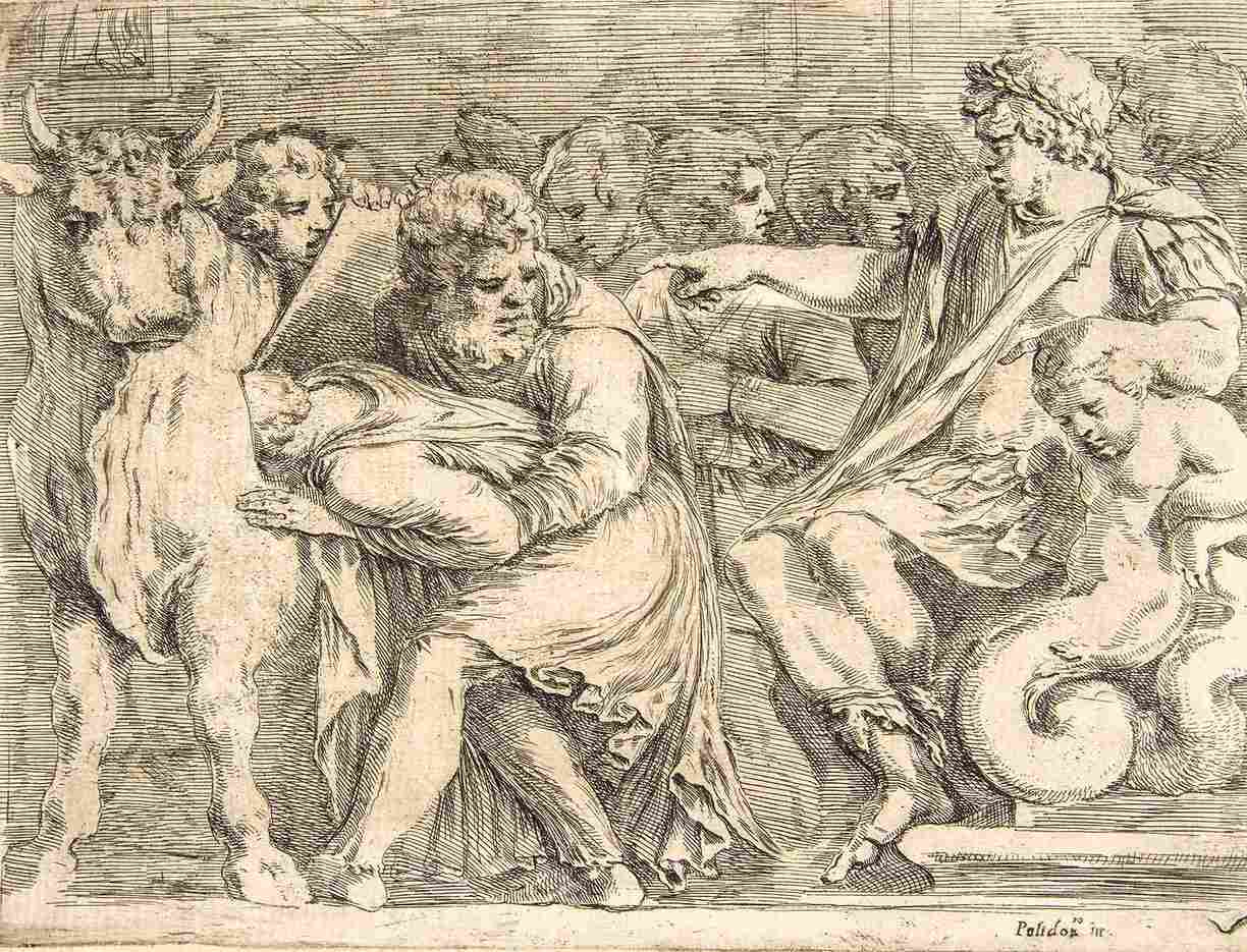 Perilaus being thrown into the Bronze Bull by Phalaris. A 17th-century etching with engraving. 