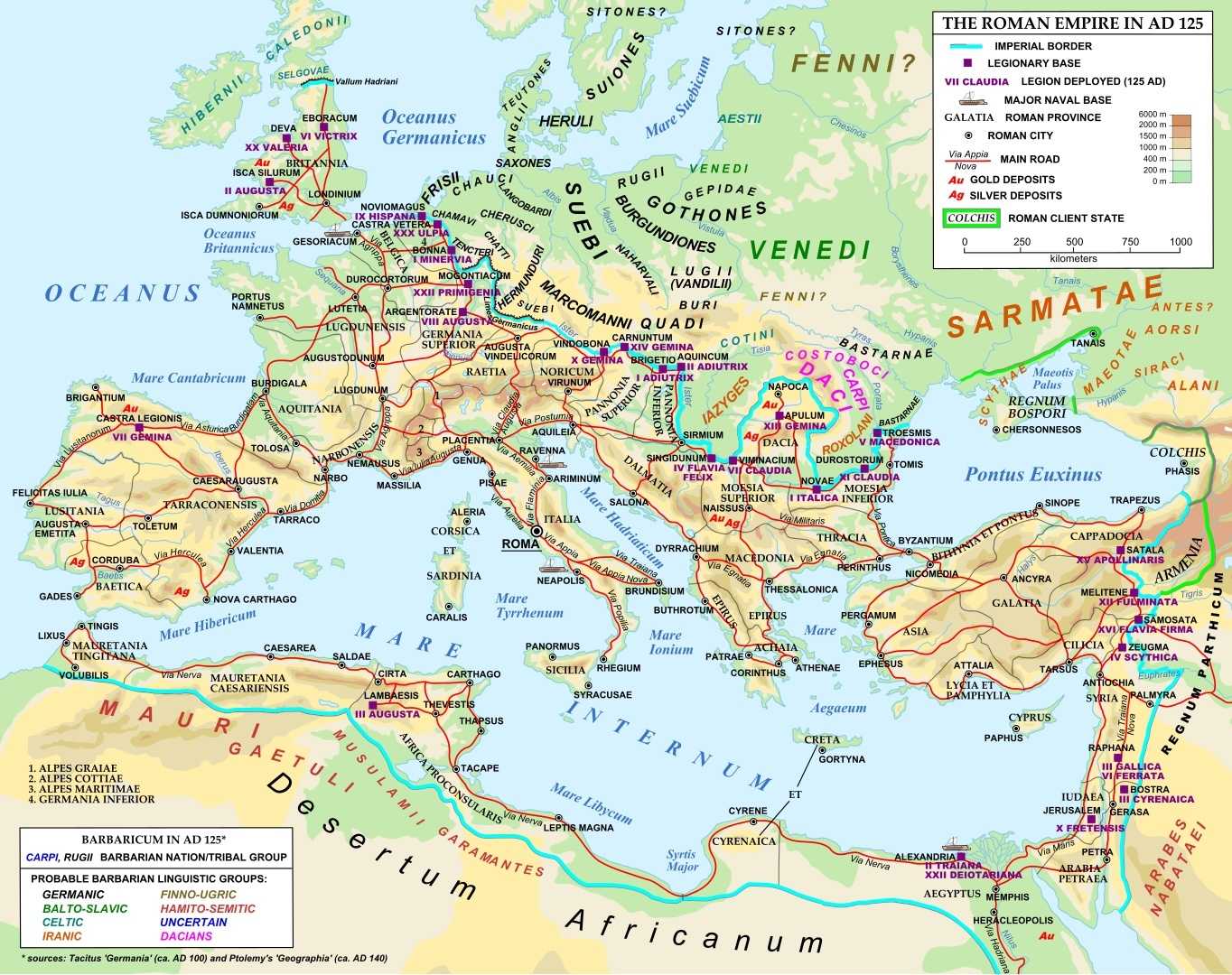 The Roman Empire in 125 under emperor Hadrian