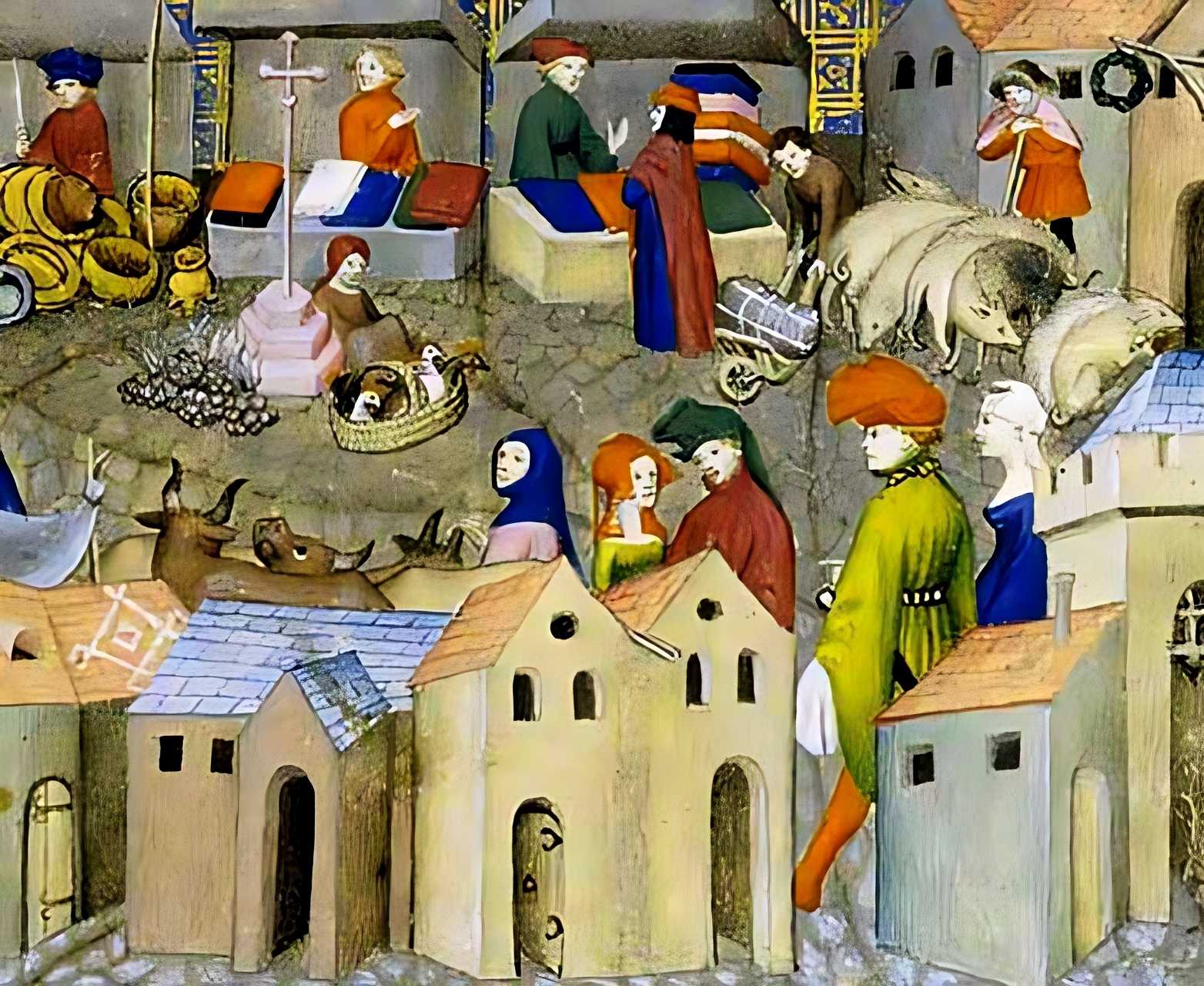 Fair scene from Thomas de Saluces' Chevalier Errant, circa 1403. Bibliothèque Nationale de France, Manuscrit Français 12559, Folio 167.