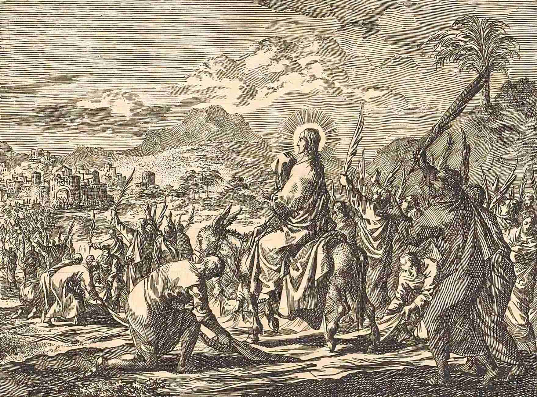 The Entry of Christ into Jerusalem, pen and wash drawing on black chalk, by Jan Luyken.