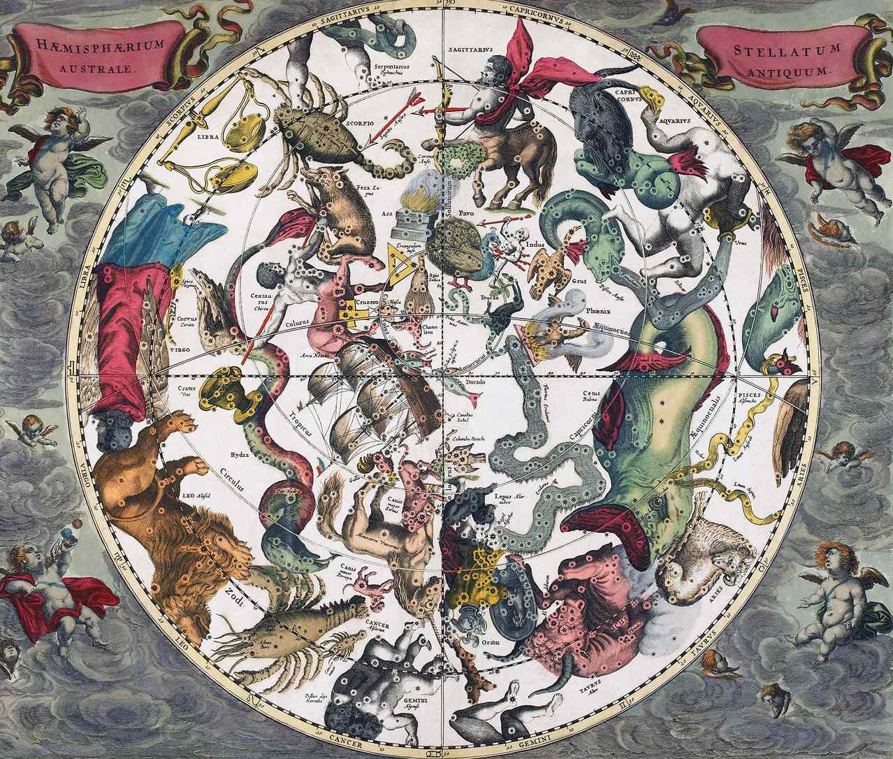 The Southern Stellar Hemisphere of Antiquity, plate 27 from Harmonia Microcosmica (1660) by Andreas Cellarius. 