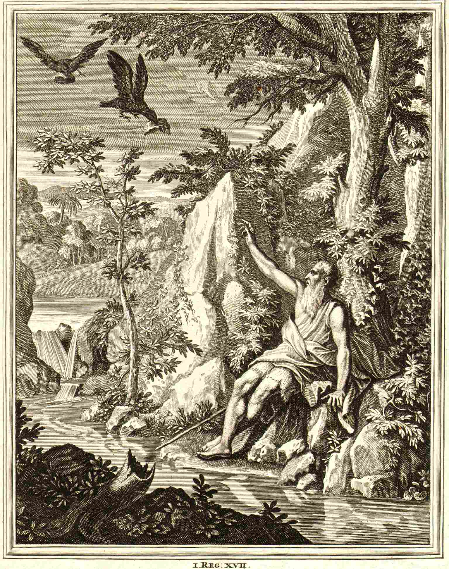 The ravens that fed the prophet Elijah. 1697, Jan Luyken.