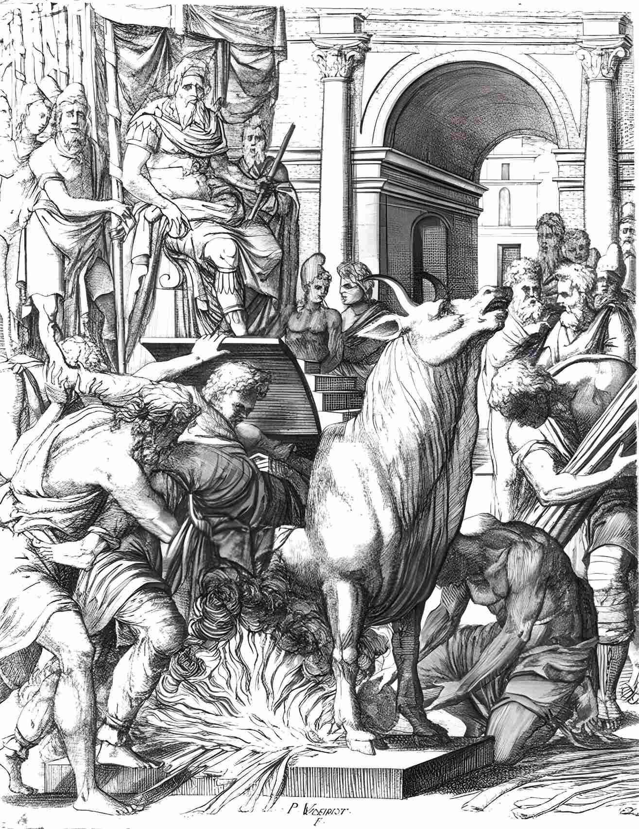 The torture of Perilaus within the brazen bull that he cast for Phalaris.