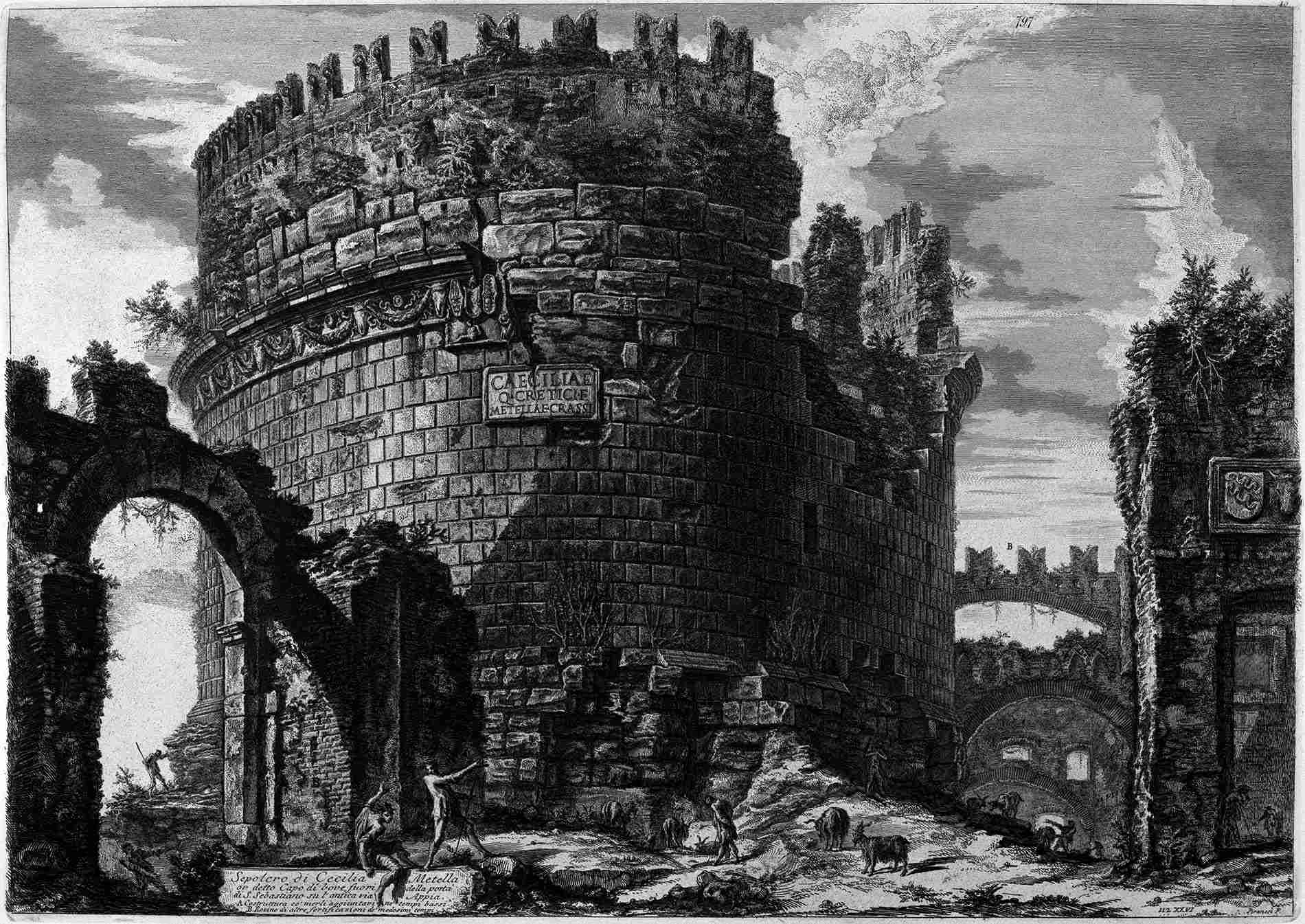 Tomb of Caecilia Metella. Engraving by Giovanni Battista Piranesi of the mid-eighteenth century.