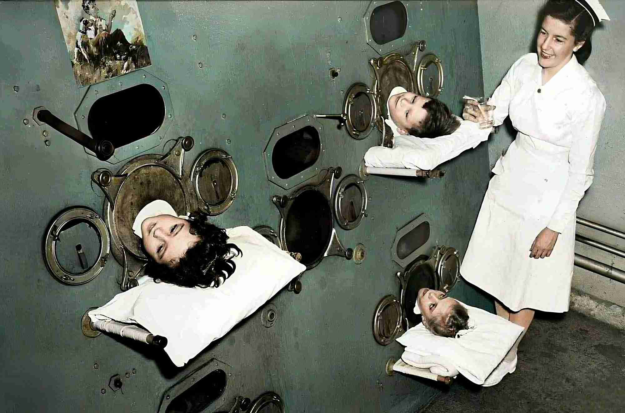 A special type of iron lung built to support four children at the same time. Out of the 570 iron lungs of the time, this giant respirator was the only one of its kind.