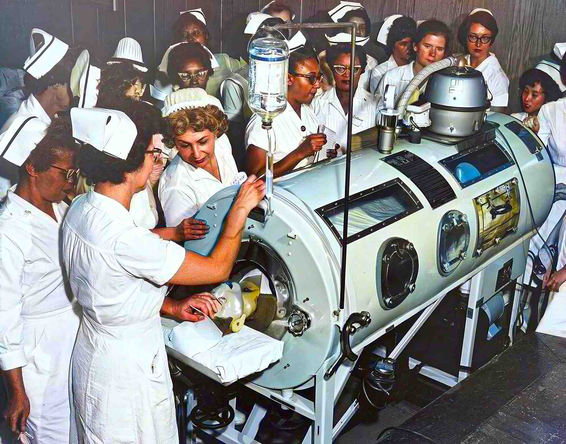 The iron lung training in the Department of Public Charities and Hospitals, 1961. Colorized.