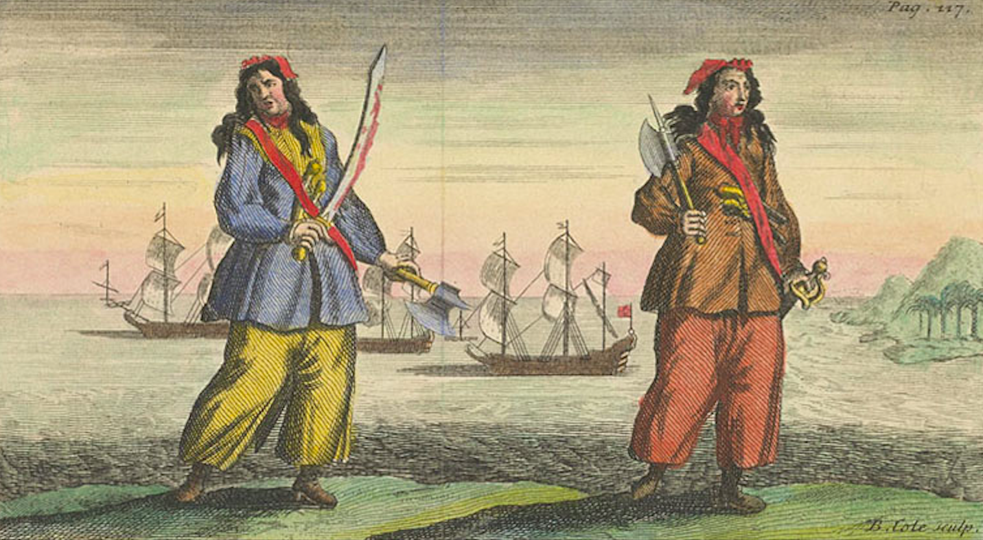 Anne Bonny and Mary Read. An engraving from the book "A General History of the Pyrates" 1724.