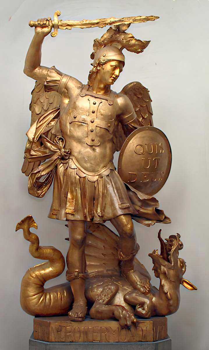 Archangel Michael slaying a dragon, with his shield reads Quis ut Deus (Who [is] like God?).