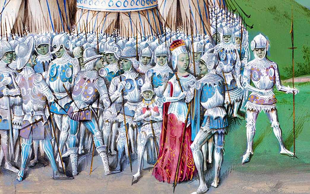 Jean de Wavrin's chronicle includes artwork of Roger Mortimer and Queen Isabella. The soldiers are equipped with voulges. A 15th-century manuscript.