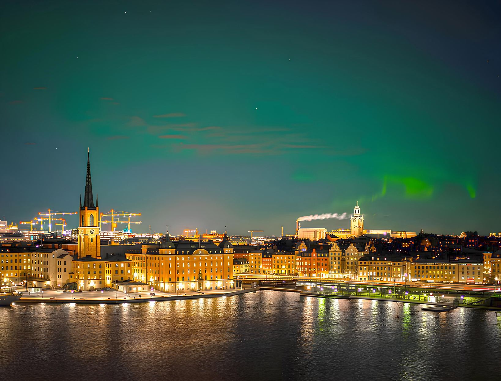 aurora borealis over a city