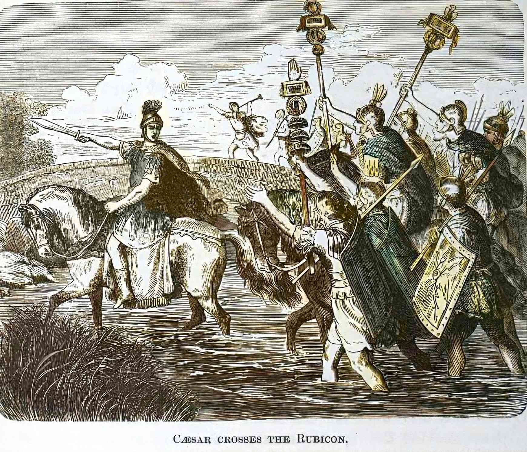 caesar crossing the rubicon, wielding his Crocea Mors Sword