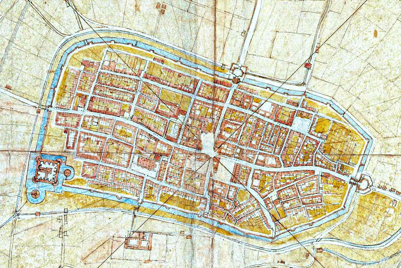 In 1502, using equipment he devised and drawing on paper, Leonardo da Vinci drew the first known "satellite view" map, depicting Imola, Italy, with objects represented to scale.