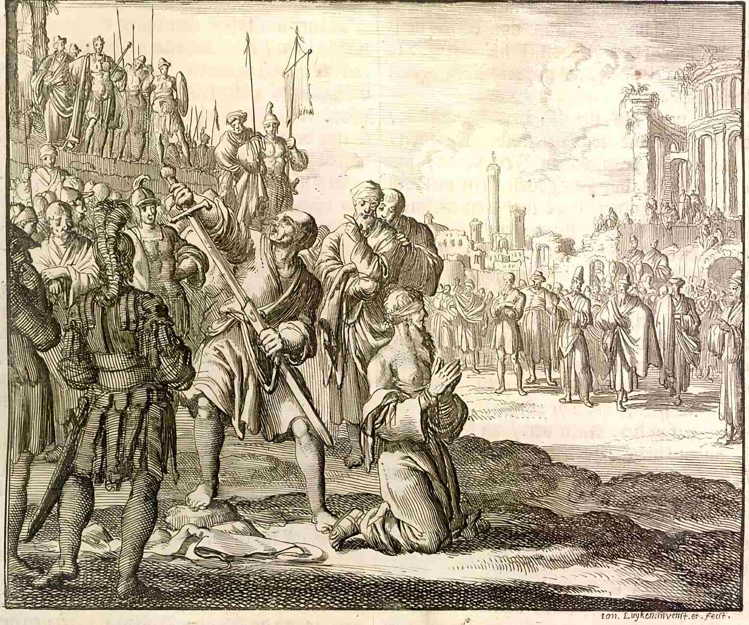 Death of Apostle Paul by beheading, Rome, AD 69, from the Martyrs Mirror, page 19.